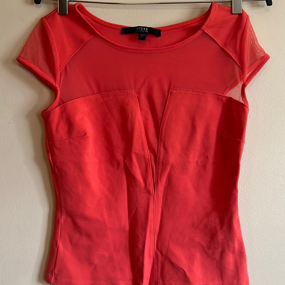 Coral Guess mesh peekaboo fitted stretch cap sleeve top size small - Picture 1 of 5